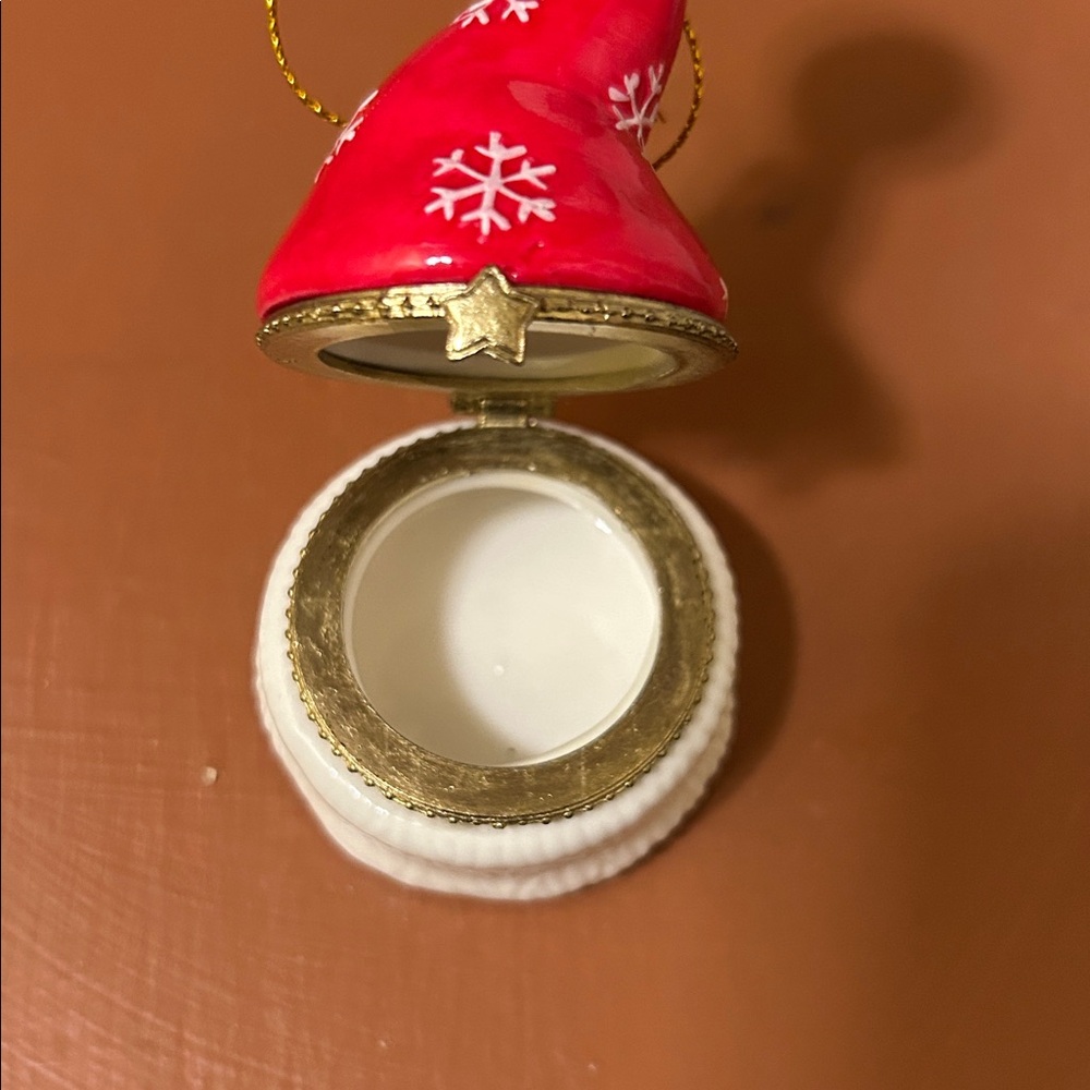 Red & White Santa Hat with Snowflakes Hinged Trinket Box Ornament -Porcelain - Picture 9 of 13